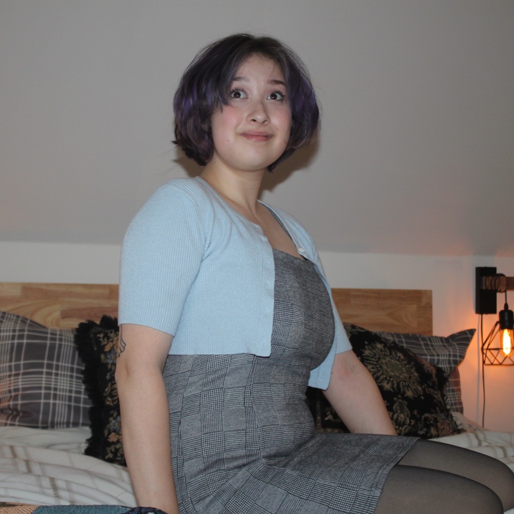 Forever 21 Grey and Black Artistic Plaid Pattern Mini Dress Square Neckline Med